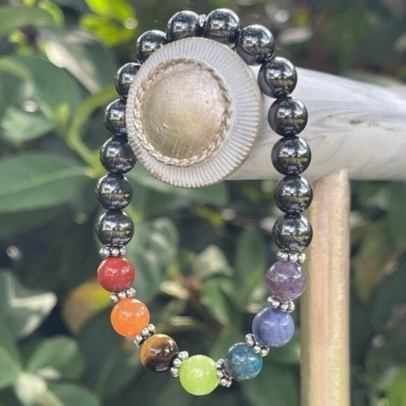 7 Chakra Hematite Stretch Bracelet - Picture 1 of 7
